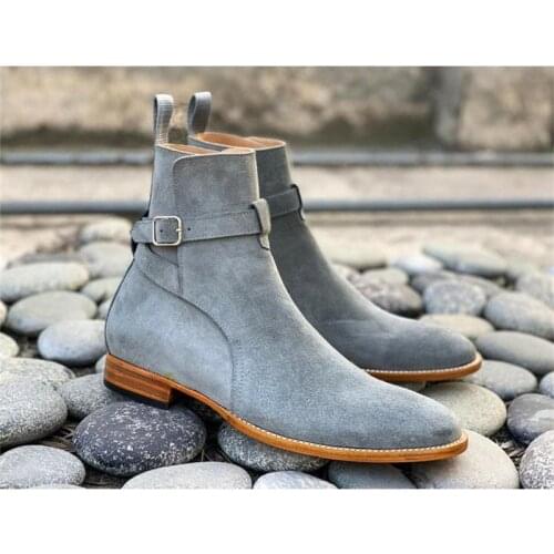 2021 New Men Fashion Business Casual Dress Shoes Handmade Gray Faux Suede Adjustable Buckle Round Toe Low Heel Ankle Boots KS371