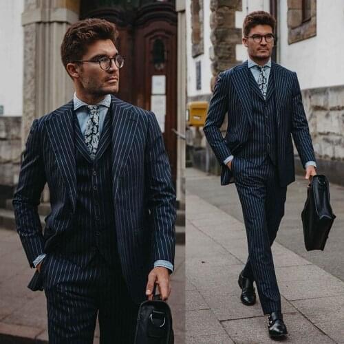 High Quality Navy Striped Groom Wedding Tuxedos Slim Fit Two Button Mens Formal Prom Party Business Blazer Suits 3 pieces
