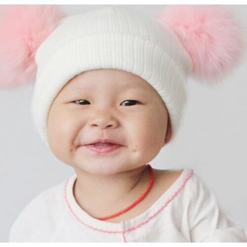 Newborn Baby Girls Boys Winter Striped Beanie Hat Fox Fur Pompom Knitted Hat For Kids Child Warm Cotton Double Fur Gorros Caps