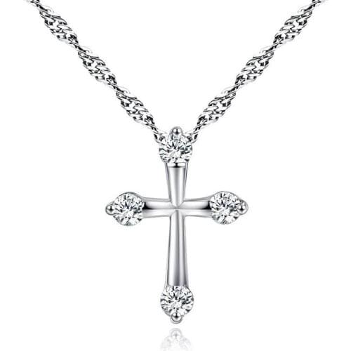 Simple Cubic Zirconia Silver Color Cross Pendant Fashion Cute Cross Necklace Women Prayer Jewelry