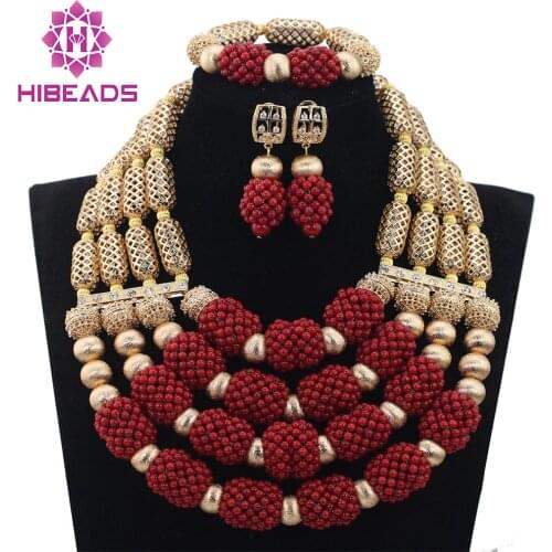 Luxury Red/White 4 layers Coral Bead Jewelry Set African Wedding Gold Mix Wine Necklace African Accessory Free ShippingABH038
