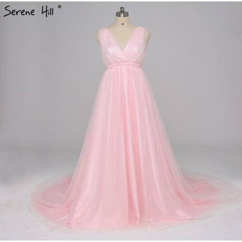 Pink Backless Sexy Simple Cheap Evening Gowns V-Neck Sleeveless Tulle Evening Dress Long 2020 Real Photo HA2145