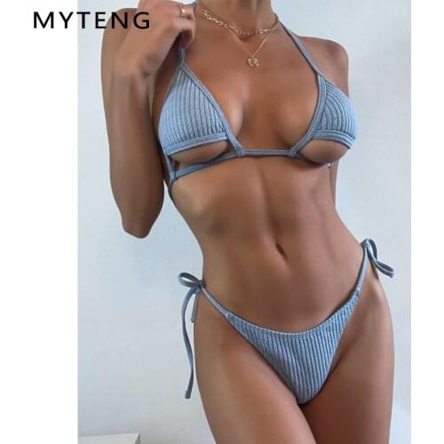 Sexy Triangle Hollow Out 3 Piece Set Bikini String Bandage Swimwear Women Push Up Beachwear Backless Swimsuit Micro Mini Biquini