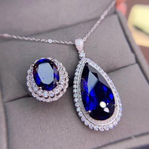 Super High Quality Sapphire Jewelry Set Natural And Real 925 Sterling Silver Fine Jewelry 1pc Sapphire Ring,1pc Sapphire Pendant