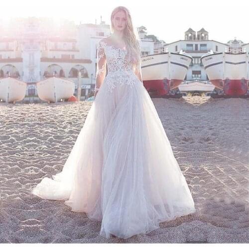 Long Sleeves Scoop Neck Wedding Dress Lace Appliques Vestido de Noiva Robe de Mariee Wedding Gowns Vintage Mariage