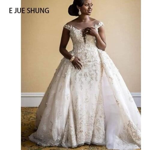 E JUE SHUNG White Lace Appliques Detachable Train Luxury Wedding Dresses Cap Sleeves Lace Up Back Wedding Gowns