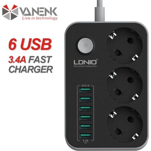 Traveller EU USB Extension Cord Power Strip Board Socket Outlet Adapter Plug 6 USB 3.4A MAX
