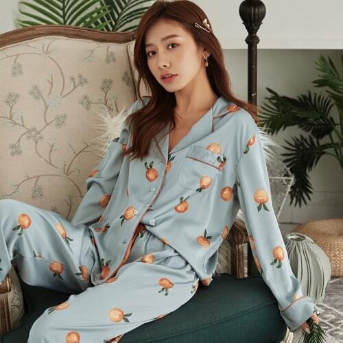 Spring New Ladies INS Style Silk Satin Pajamas Set Cartoon Orange Printed Women Turn-Down Collar Casual Wear Household Sleepwear
