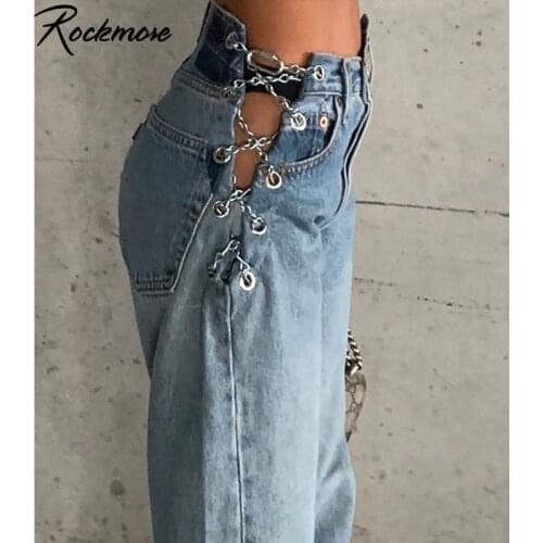 Rockmore Hollow Out Chain Women Jeans Plus Size Woman Jeans High Waist Denim Pants Wide Leg Trousers Streetwear Oversized Jogger