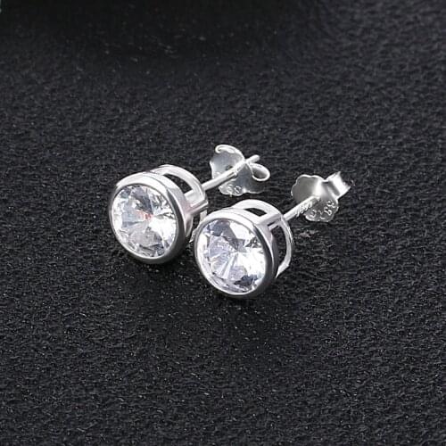 Pure Silver Stud Earrings For Women 8mm Round Zirconia Earing Brincos Femme Oorbellen Mujer Fashion Jewelry Accesories Bijoux