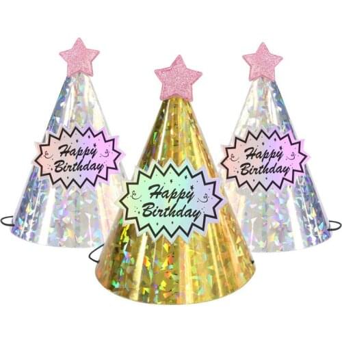 Gold Silver Birthday Party Hat Happy Birthday Letter Sticker Laser Star Pointed Hat Childrens Birthday Party DIY Decorations
