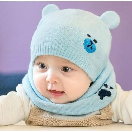 2Pcs Cartoon Cat Baby Cap Scarf Set Autumn Winter Newborn Crochet Hats Scarves Infant Boys Girls Warm Knitted Beanie