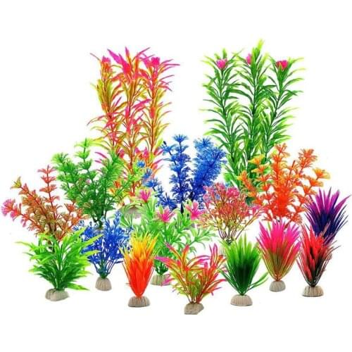 Aquarium Decorations 16 Pack Lifelike Plastic Decor Fish Tank Plants Small to Large Artificial Aquatic Plants View Decor