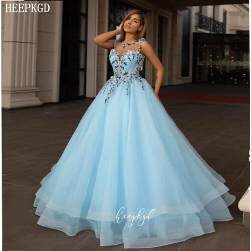 Mint Blue Ball Gown Long Evening Dress Formal Occasion Prom Party Dresses High Quality Appliques Organza Women Gown Abendkleider