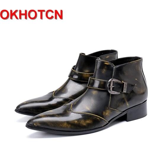 Fashion Men Boots Genuine Leather Flat Heel Working Shoes Man Safety Metal Buckle Strap Mens Pointed Toe Boots Spring Autumn New