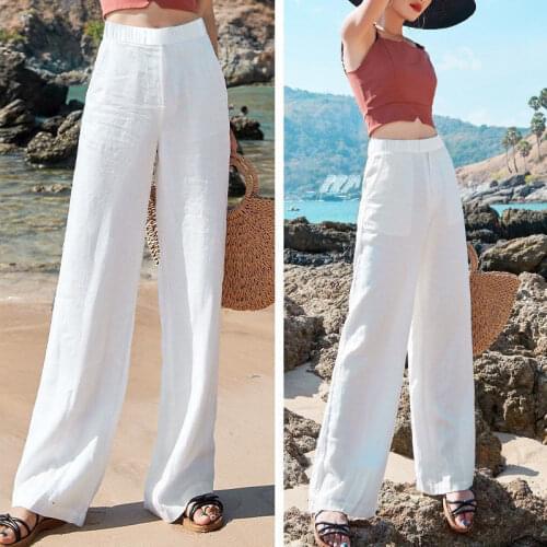 Women Pants Summer Casual Pants Womens Loose Cotton and Linen Elastic High Waist Straight Pantalones De Mujer