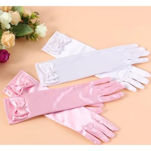 Long Stretch Satin Gloves For Flower Girl Children Party Cute Girls Kids Finger White Pearl Bow Performance Gloves Accessories