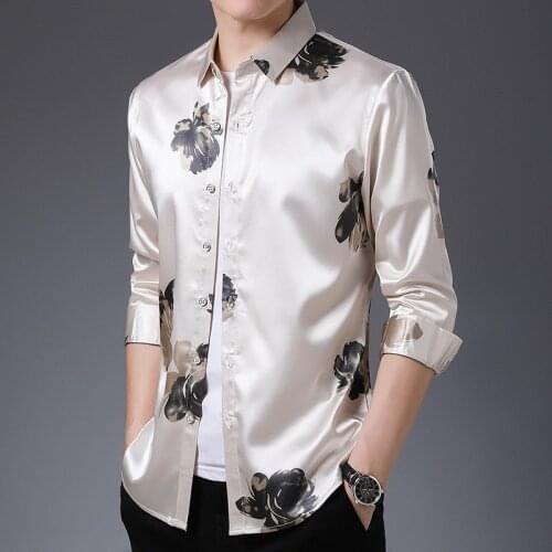 Flowers Printed Elegant Fashion Mens Clothing 2020 Big White Blouse Mens Satin Silk Shirts Large Sizes Casual Party Shirts Mens