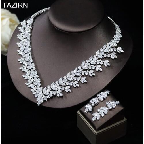 Elegant Full Zircon 2 Pcs Wedding Bridal Jewelry Sets Cubic Zirconia Pageant Necklace and Drop Earrings Sets for Party Prom Gift