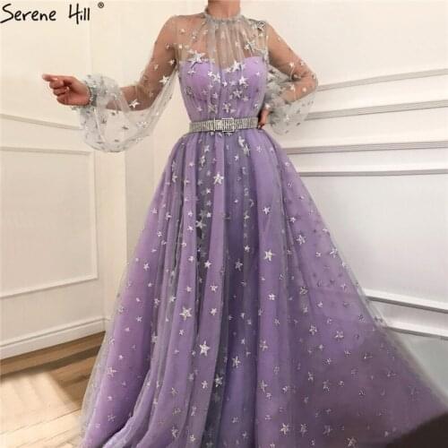 Purple Perspective Sexy Sashes A-Line Evening Dresses 2020 Long Sleeves Tulle Formal Dress Serene Hill LA70132