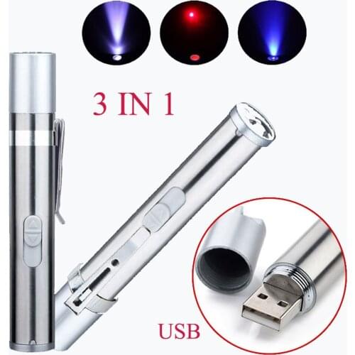 Mini lazer Red Laser Pointer USB Rechargeable 3 In 1 Pen Flashlight Charging UV Torch Pen Flashlight Multifunction Lamp
