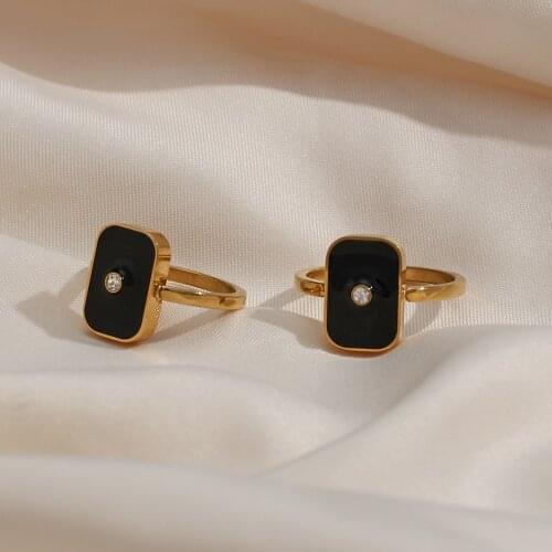 2021 New Black Enamel Square CZ Stone Ring Stainless Steel 18k Gold Plated Ladies Vintage Geometric Rings For Female