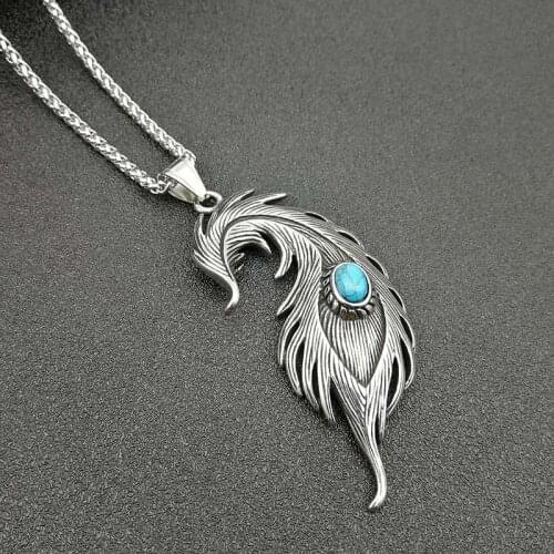 Fashion 316L Stainless Steel Feather Pendant Necklace With Blue Stone Leaf Jewerly for man women gift