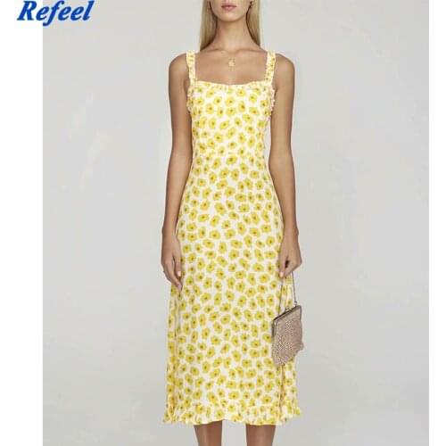 Summer Yellow Floral Print Women Dresses Slim Fashion vestidos Holiday Ruffles Dresses Back Elastic Midi Dress