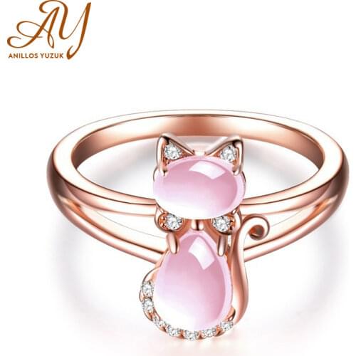 Anillos Yuzuk Hot Trendy Rose Gold Rings European Style Crystal Pink Lovely Cat Shape 925 Silver Jewelry Birthday Gift Ring