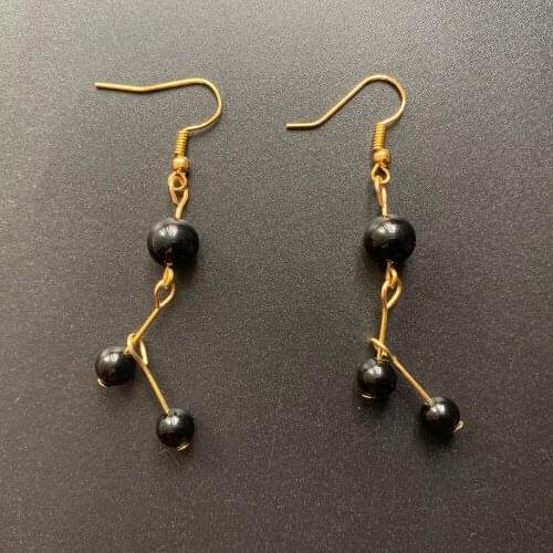 Genuine Black Obsidian Stones Natural Crystals Carved Ball Beads Golden Color Earrings Crystal Handmade 1 Pair