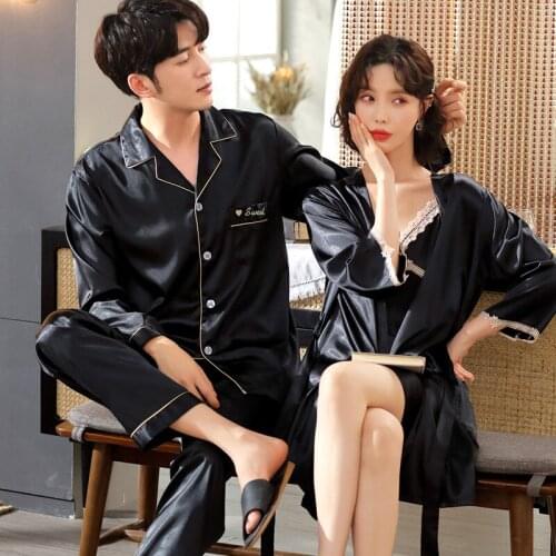 Men Pajama Sets Spring Summer Man Pajamas Set Simple Sleepwear long Sleeve Silk Pajamas Lovers Men Tops Pant Leisure Outwear