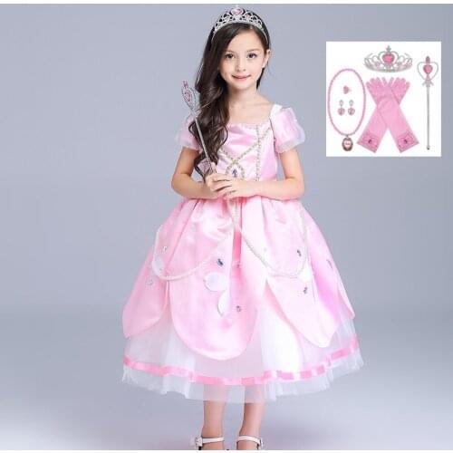 Girls Sofia Princess Dress Floral Beadings Puff Sleeve Sophia Halloween Party Cosplay Long Dresses