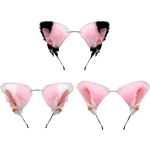 Faux Fur Pink Kitten Ears Headband with Bowknot Bell Furry Plush Animal Cosplay Hair Hoop Lolita Kawaii Party Headpiece My11 21