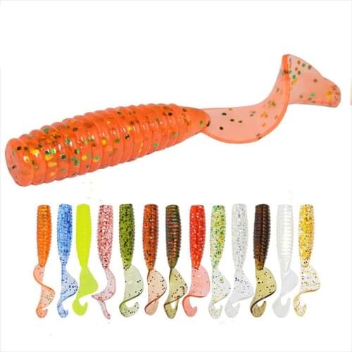 12pcs/lot Curl Worm Soft Bait 45mm 1.2g Jig Wobbler Artificial shrimp odor With salt Rubber Bass Fishing Lure Long Tail Swimbait