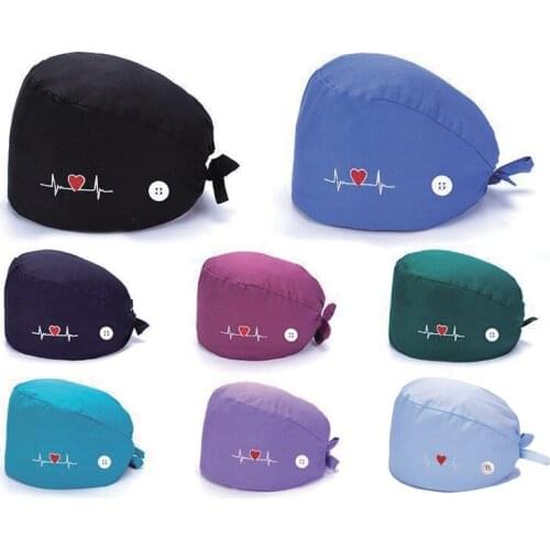 Heart Embroidery Scrub Cap Work Head Scarf Women Men with Buttons Tieback Ground Skull Hat Beautician SPA Chef Working Hats