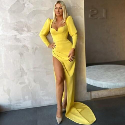 Thinyfull Sexy Prom Dresses Yellow Satin High Split Evening Dress Saudi Arabia Dubai Mermaid Long Sleeves Cocktail Party Gowns