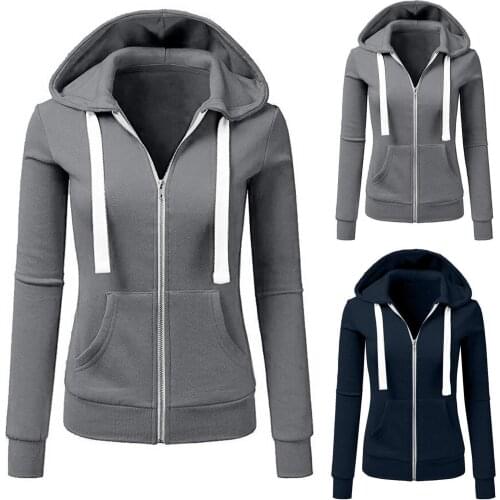 Women Zipper-up Sweatshirts Fashion Soild Color Winter Hoodies With Pocket Long Sleeve Casual Drawstring Hooded Sweatshirt Coat