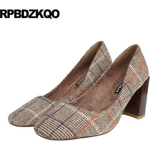 Pumps Chunky Size 4 34 Thick Vintage 3 Inch High Heels Block Shoes For Women Designer Ladies Fashion Square Toe Korean Retro