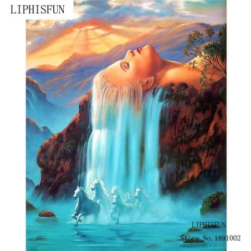 Home Decoration Diamond Embroideri Beauty Women Hair Animated Waterfall Horse Picture Of Rhinestones Beadwork Diamond