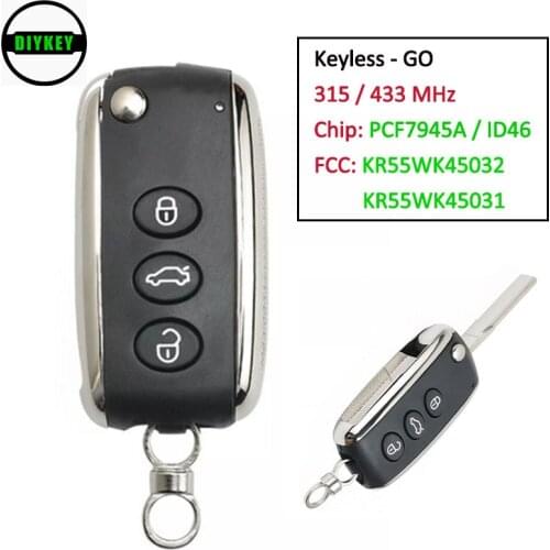 DIYKEY Keyless-GO Flip Smart Remote Key 3 Button 315 / 433MHz 46 Chip Uncut Blade for Volkswagen Phaeton before 2015 KR55WK45032