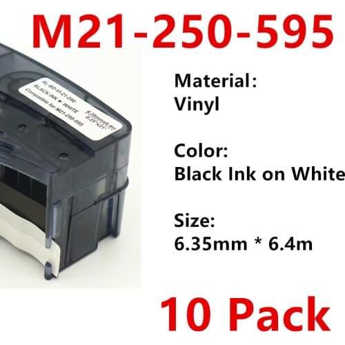 10 Pack M21 250 595 Vinyl Label Ribbon Black On White For BMP21 PLUS Printer Black On White M21-250-595 6.35mm * 6.4m