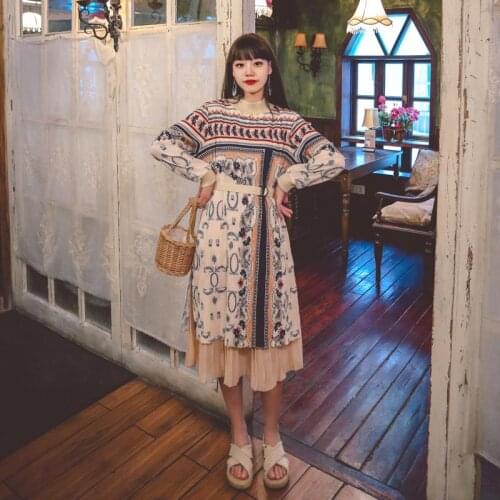 Spring New Products Light Luxury Design Retro National Wind Print Art Over The Knee Two-Piece Loose Dress Women