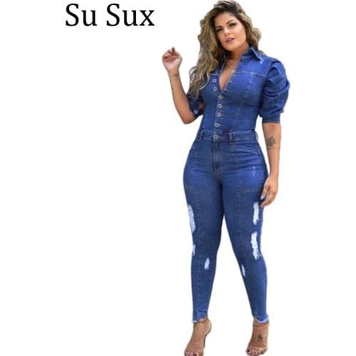 Denim Puff Sleeve Jumpsuit Women Jeans Bodycon Overalls Casual Rompers Turn Down Collar Skinny Jumpsuit Vestidos 2021 Spring