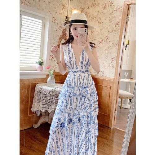 2021 New Blue Vintage Ruffles Dress For Women V Neck Sleeveless Hit Color Patchwork Mid Dresses Female Clothing Summer Style