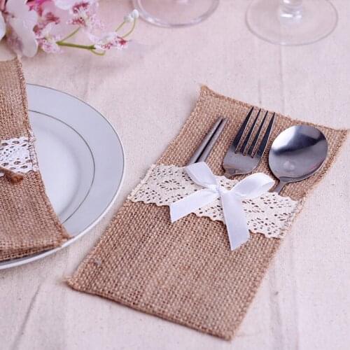 10PCS Burlap Cutlery Holders Vintage Jute Cutlery Pocket Knife Fork Bag for Wedding Party Decoration Linen Cutlery Bag Wedding