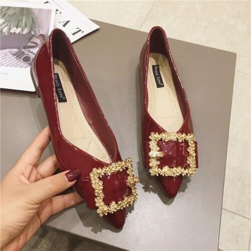 Japanned Leather Shoes Female Single Flats Metalic Buckle Ballet Shoes Woman Pointed Toe Slip On Loafers Antiskid OL Work Shoes