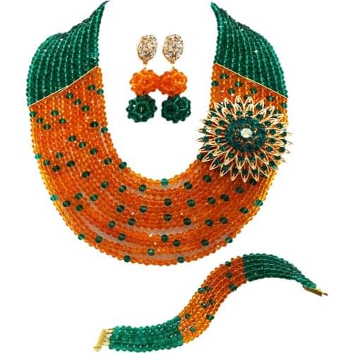 Teal Green Army Green and Orange African Wedding Beads Nigerian Jewelry Set Crystal Beaded Necklace Sets 10SZ02