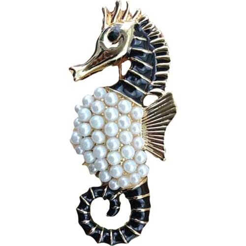 100pcs/ 50mm Retro Style Hippocampus Brooch Pin Black Enamel Simulated Pear Gold Tone Animal Little Brooches Wedding Pins