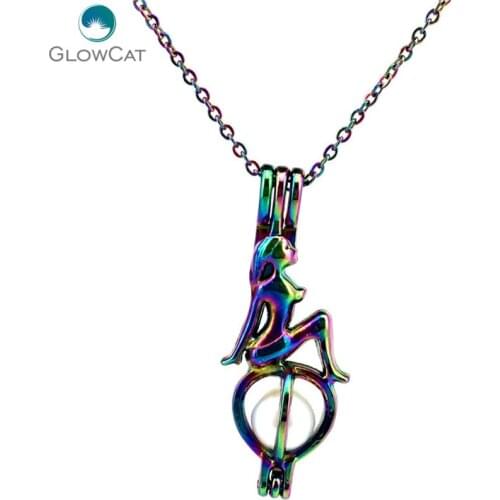 C409 Rainbow Color 39mm Lady Mermaid Ocean Bead Cage Necklace Pendant Aroma Essential Oil Diffuser Locket Necklace
