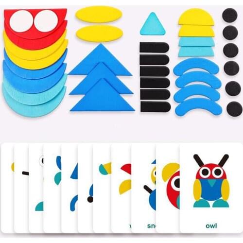Wooden Animal Tangram Puzzles English Card Shape Recognition Early Education Intelligence Development Toys Puzzles For Baby Gift
